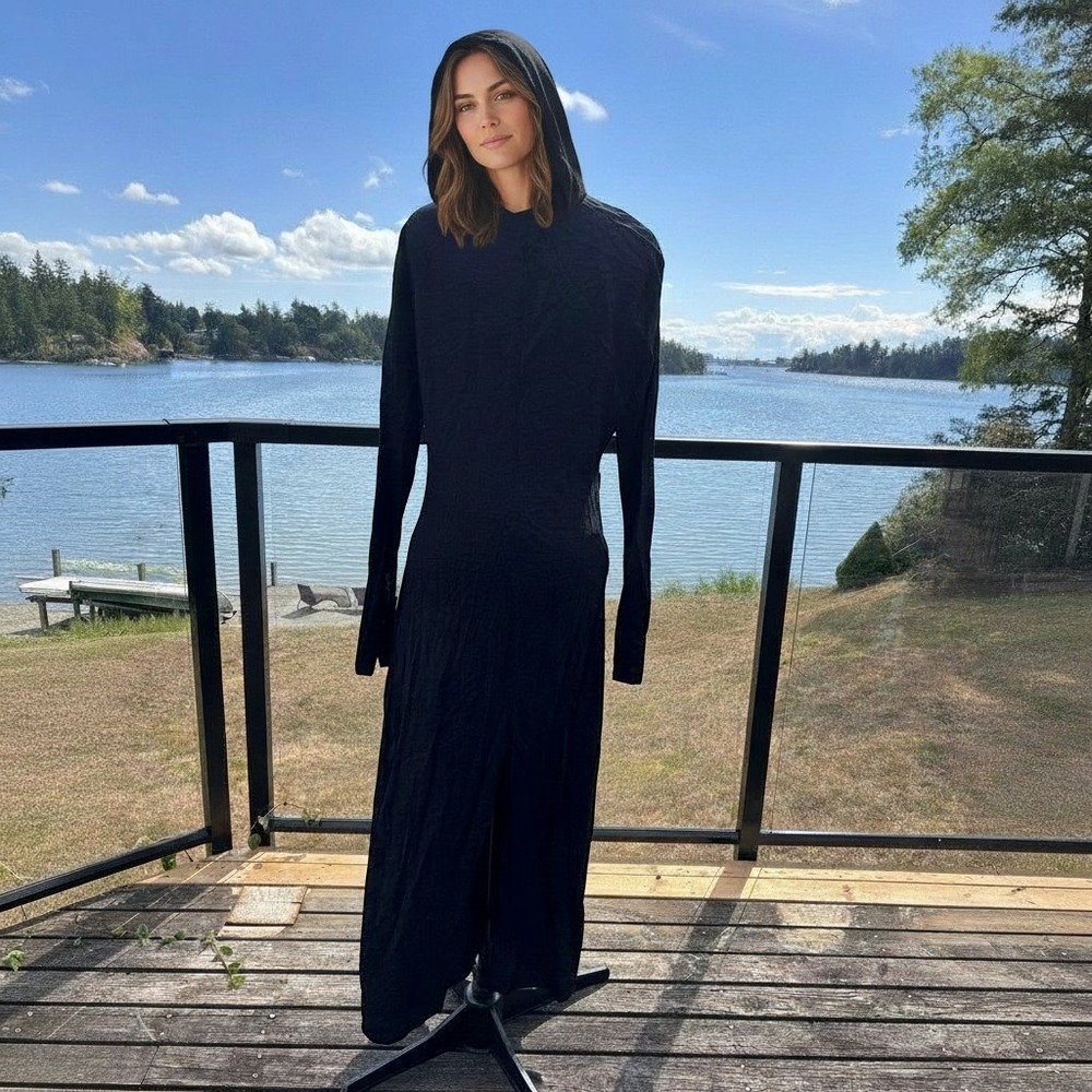 ZARA hooded maxi dress women L black ruched whimsigoth long sleeve avant-garde